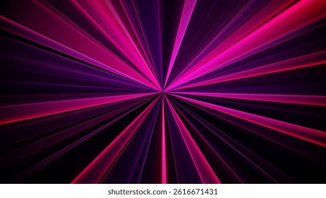 Dynamic radial rays expanding from center. Radial pattern filled with depth and glow. Pulsing rays in hot pink and violet colors. Abstract light speed geometry with cosmic vibes. Vector illustration