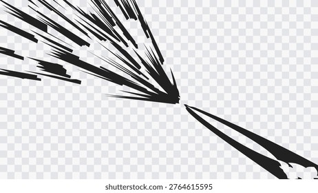 Dynamic radial speed lines converging toward a focal point, creating a strong sense of motion and impact. Sharp manga-style streaks with explosive perspective, perfect for action scenes, comic effects, and dramatic compositions on transparent background.