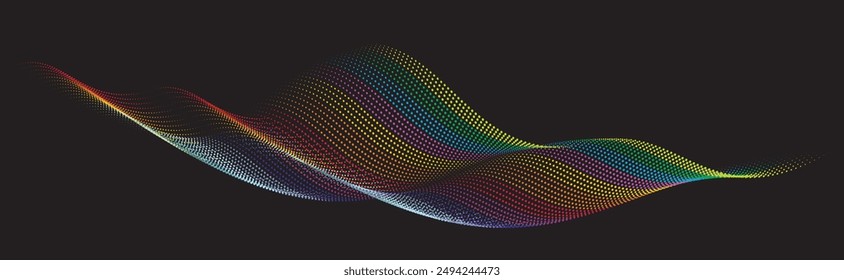 Dynamic Rainbow Wave. A captivating fusion of rainbow colors and fluid movement, featuring dots and curved lines in a halftone illustration.