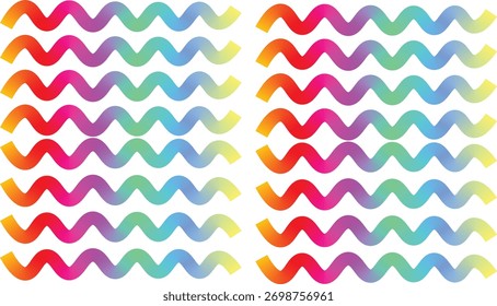 Dynamic Rainbow Waves Abstract Background. Symmetrical pattern of bright, horizontal wavy lines in a continuous color gradient. This vibrant, seamless texture offers a lively