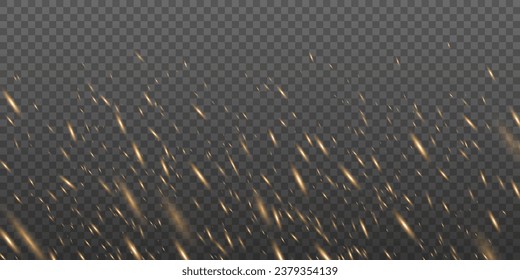 Dynamic random fire particles isolated on dark transparent background. Fire dust effect for your design. Vector illustration. EPS 10.