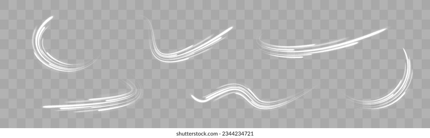 Dynamic rays. Light trail wave, fire path trace line and effect curve twirl. Motion speed and blur. Glowing white speed lines. Road magic of moving fast lines. Neon motion vector effect. 