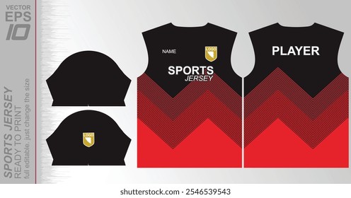 Design de camisa dinâmico pronto para impressão, perfeito para esportes ou desgaste casual. Totalmente personalizável e fácil de redimensionar para qualquer tamanho. Ideal para sublimação ou outros métodos de impressão, oferecendo um elegante e moderno