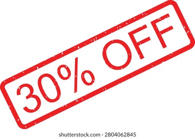 A dynamic red 30% OFF stamp with a gritty, textured finish, isolated on a white surface for advertising sales.
