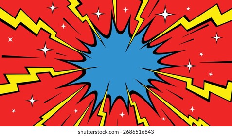 Dynamischer roter Hintergrund mit einem blauen Burst-Center, gelben Blitzformen und weißen Funkeln - perfekt für Comic-, Retro-, Energie- oder Werbedesigns