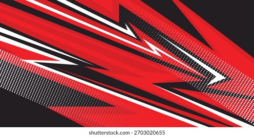 Plano de fundo abstrato vermelho e preto dinâmico com linhas diagonais nítidas e padrão de pontos de meio-tom. Design esportivo moderno adequado para banners, cartazes, temas de corrida e apresentações digitais energéticas.