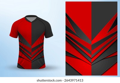 Design de padrão geométrico abstrato vermelho e preto dinâmico, ideal para camisas esportivas, t-shirts e uniformes de e-sport.