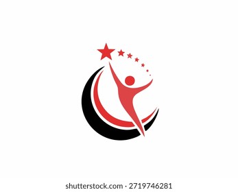 Dynamic red and black logo of a person jumping for achievement with swoosh elements.