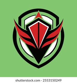 Dynamic Red and Black Shield Logo on Green Background – Futuristic Winged Emblem.