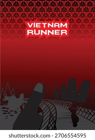 Dinâmico vermelho e preto Vietnam Runner modelo sportswear com padrão triângulo geométrico, letras de velocidade e silhueta urbana. Ideal para corrida e vestuário atlético para o mercado vietnamita.