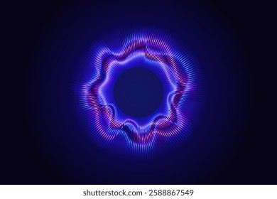 Dynamic red blue gradient radial speed sound wave light line pattern. Circular audio music symbol. Speaking abstract soundwave illustration, voice visualization spectrum, digital equalizer frequency. 