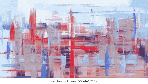 Dynamic red, blue, and purple vertical streaks merge with textured layers, creating an energetic abstract composition evoking movement and modern artistic rhythm