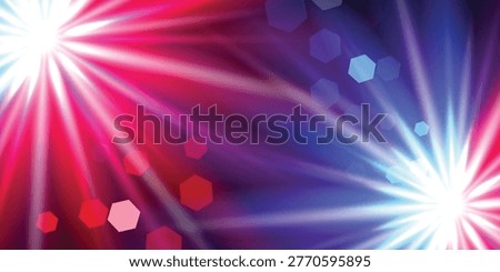 Dynamic red and blue starburst with glowing light rays and hexagonal bokeh particles. High-energy cinematic effect ideal for esports branding, action gaming, and vibrant marketing visuals.
