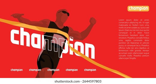 Dynamic Red Fit young man running sprinting to orange finish line. Finisher, marathon runner sprinting moment Vibrant color banner.