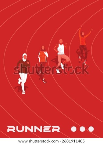 Dynamic red illustration of diverse runners on athletics track, including Muslim woman in hijab, fitness athletes, marathon race concept, sport competition, teamwork, healthy lifestyle.