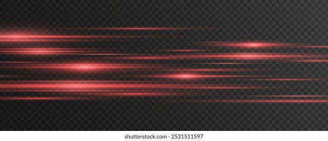 Dynamic red laser beams isolated on dark transparent background. Abstract light effect. Lens flare. Glowing moving rays. Vector illustration. EPS 10.
