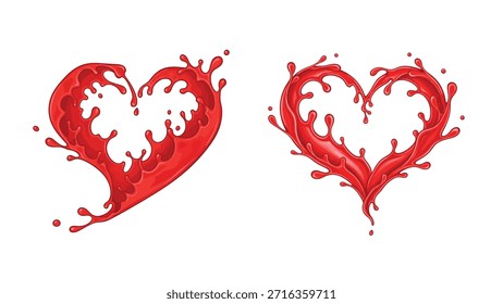 Dynamic red liquid splash hearts creating vibrant and fluid love symbols on white background isolated on white background, Vector, illustration