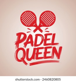 Dynamic red 'Padel Queen' graphic with crossed padel racquets, great for sportswear designs, promotional materials, or sports club branding.