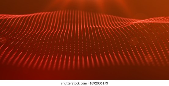 Dynamic red particle wave. Abstract sound visualization. Flow digital structure. Mesh landscape or grid data technology.