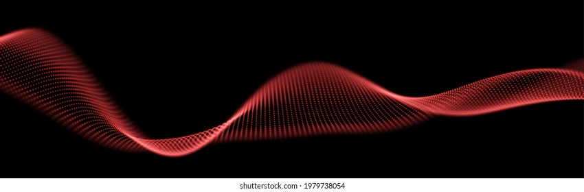 Dynamic red particle wave. Abstract sound visualization. Flow digital structure. Mesh landscape or grid data technology.