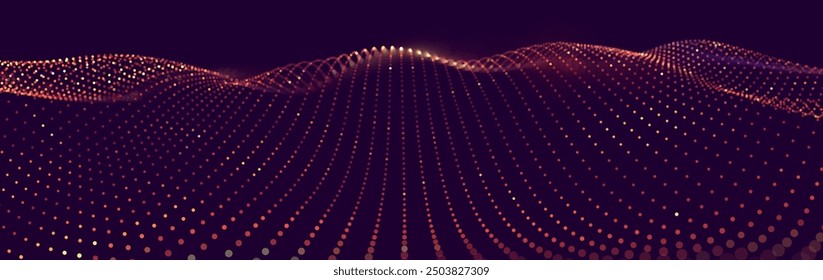 Dynamic Red Particles Wave Abstract Background. Sound Visualization. Flow Digital Structure. Grid Data Technology. Vector Illustraion.