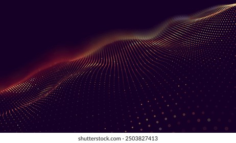 Dynamic Red Particles Wave Abstract Background. Sound Visualization. Flow Digital Structure. Grid Data Technology. Vector Illustraion.