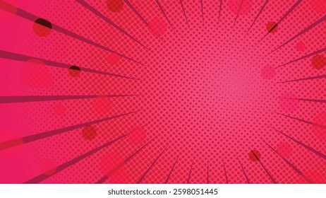 Dynamic red pop art background featuring halftone dots and comic style rays, ideal for posters, ads, banners, and creative design projects with a bold and retro aesthetic.