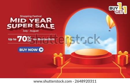 Dynamic red shopping podium with sky backdrop, gifts, and Buy 1 Get 1 badge, perfect for vibrant mid-year sale promotions in e-commerce campaigns.