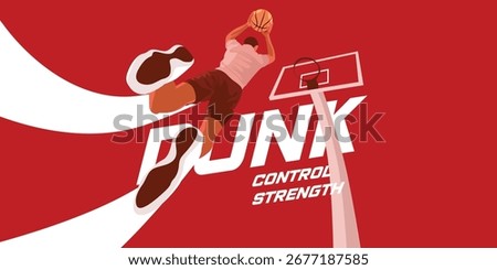 Dynamic red silhouette of a basketball player performing a slam dunk, modern vector illustration.