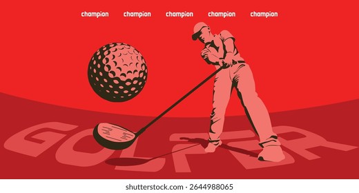 dynamic Red sporty male Golfer in mid-swing, wielding a gold club silhouette illustration.