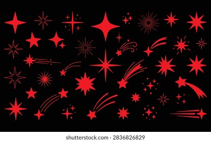 Dynamic red star collection featuring twinkling sparkles shooting comets and light bursts ideal for celebratory graphics holiday themes party invitations and starry effects.