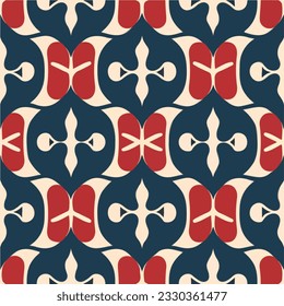 Dynamic red, white, and blue paisley pattern effortlessly flows on a pristine white canvas, exuding a sense of vibrancy and cultural richness.