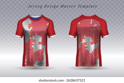 Dynamic red and white sports jersey with a bold circular mosaic pattern in red, pink, and orange, creating a high-energy, artistic aesthetic. Perfect for soccer and football teams, esports
