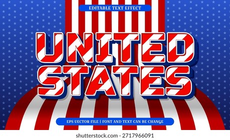 Efecto dinámico de texto editable a rayas rojas y blancas para el tema 'Estados Unidos', con un diseño tipográfico 3D audaz sobre un fondo azul patriótico
