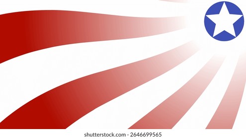 Um padrão dinâmico de raios de sol vermelhos e brancos com um emblema de estrela no canto, evocando vintage Americana.