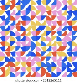 Dynamic repeating seamless pattern of quarter circles and squares in red, orange, pink, blue, and yellow on a white background. The slightly offset shapes create an abstract, colorful grid design.