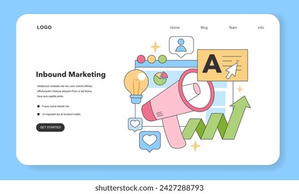 Dynamic representation of inbound marketing strategies, showcasing megaphone, growth graph, and user engagement icons. Flat vector illustration