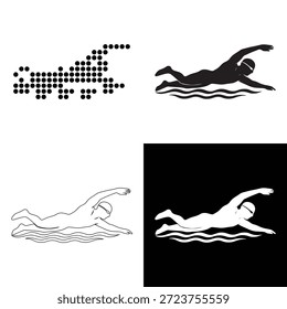 Dynamic representations of swimmers in various styles alongside an abstract dotted pattern
