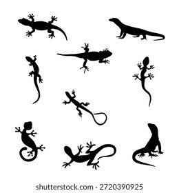 Siluetas de reptiles dinámicos que incluyen lagartos y geckos en múltiples poses inspiradas en temas de vida silvestre y naturaleza. Ideal para diseños de animales, tatuajes, gráficos educativos, logotipos y uso creativo impreso o digital.