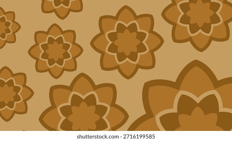Dynamic Retro Floral Abstract Pattern: A Seamless Vector Background Featuring Brown and Tan Eight-Petal Flowers in Varied Sizes Scattered Over a Warm Beige Backdrop for Creative Decor