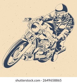 Dynamic retro illustration of motorcyclist cornering sharply on vintage bike seen from above