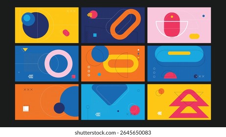 Dynamic retro inspired layout with bold circles, triangles, and lines in vivid primary tones. A modern, vibrant abstract design perfect for creative use.