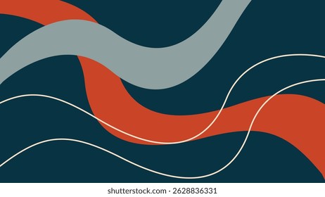 Dynamic retro wavy lines in orange, gray, and white flow over a dark blue background. Bold and modern abstract artwork perfect for backgrounds and digital design projects.