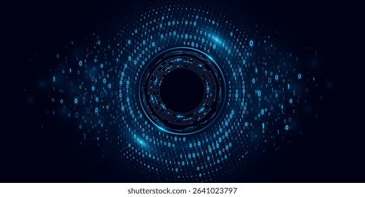 Dynamic ring of binary code with high speed data transmission and digital HUD circle in cyberspace. Global communication networks and big data visualization. Vector illustration.