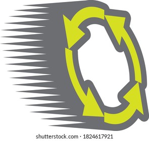 Dynamic ring made of green, grey-framed arrows in perspective during movement. Road junction, traffic