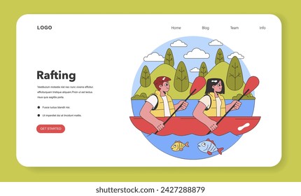 Dynamic River Rafting. Team of campers paddling enthusiastically on a raft, navigating through the calm river waters, flanked by a lush forest. Flat vector illustration.