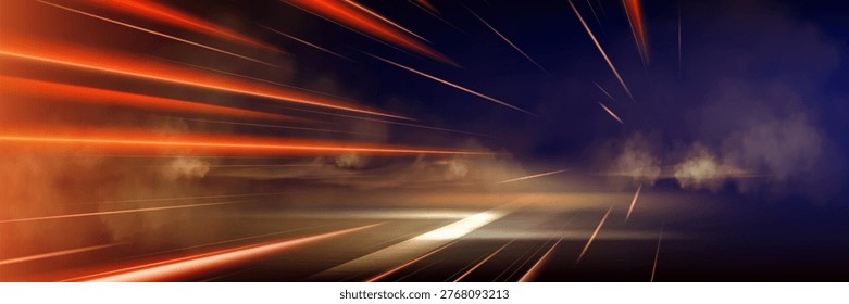 Dynamic road motion with neon light trails and speed effect at night, abstract vector background. Futuristic highway perspective with glowing orange energy lines, blur and smoke clouds