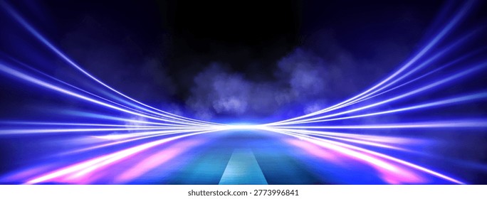 Dynamic road motion with neon light trails and speed effect at night, abstract vector background. Futuristic highway perspective with glowing purple energy lines, blur and smoke clouds