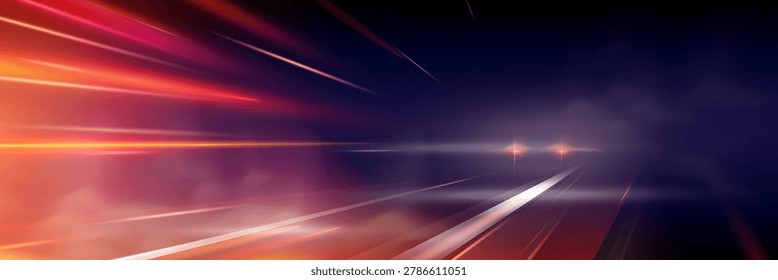 Dynamic road. Vector illustration of a motion race road with speed effect in a city at night. Neon light trails with car headlights, fog, and smoke clouds. Futuristic horizontal banner of a highway