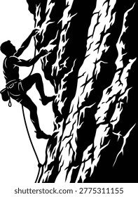 Dynamic rock climber silhouette illustration of a man ascending a steep cliff ideal for adventure sport marketing and apps on transparent